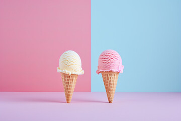 delicious ice cream scoops in cone with natural pastel color block pink and blue background sweet treat dessert summer strawberry flavour gelato sundae sorbet homemade 