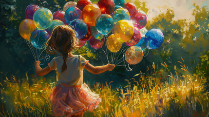 Watercolor of a girl from behind holding many balloons in her hand - 742848428
