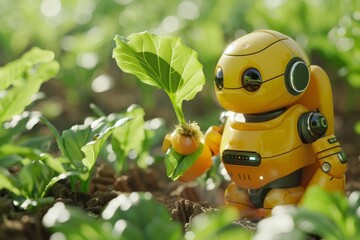 Agricultural robots work in smart farms, check the quality of the soil. Water quality and vegetable health.