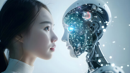 Naklejka premium Beautiful girl staring into the eyes of a robot, artificial intelligence technology. People using AI