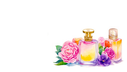 Banner of tender stylish perfume composition, bottles of perfume and flowers. Copy space. Watercolour perfume bottles on white background