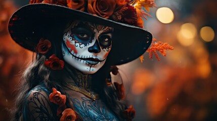 Naklejka premium Woman With Skeleton Makeup and Flowers in Her Hair