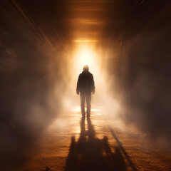 Silhouette of a person walking into the light.