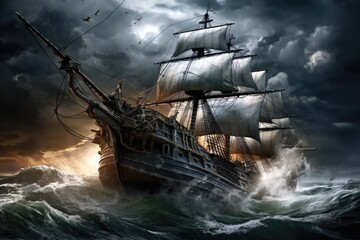 Ship Sail: A Pirate Ship Setting Sail on a Stormy Sea in an AI Generated Image Reflecting Maritime - obrazy, fototapety, plakaty