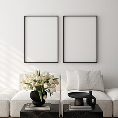 Frame mockup, ISO A paper size. Living room wall poster mockup. Interior mockup with house background. Modern interior design. 3D render
- 742849426