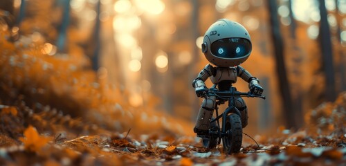 a little robot is riding on a small bicycle on a clear autumn woods