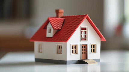 House model on white table for housing finance, home buying, banking, loan and mortgage rates concept.