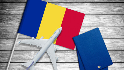 airplane model put on passport on wooden table, Preparation for Traveling concept. visa, flag