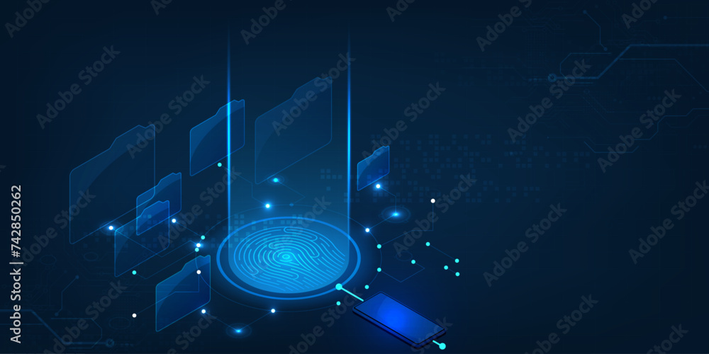 Poster vector abstract security system concept with fingerprint on technology background.