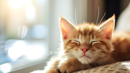 A cute cat lies by the window in the house with natural light. - obrazy, fototapety, plakaty