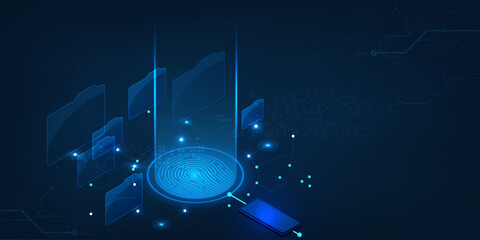 vector abstract security system concept with fingerprint on technology background.	