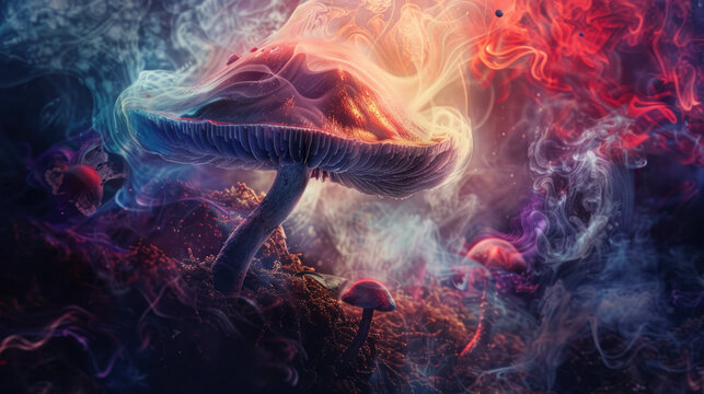 Fantasy And Glowing Mushroom With A Enchanting Forest Backdrop. Ethereal Colors With Glowing Elements. Dreamscape Mushroom Concept