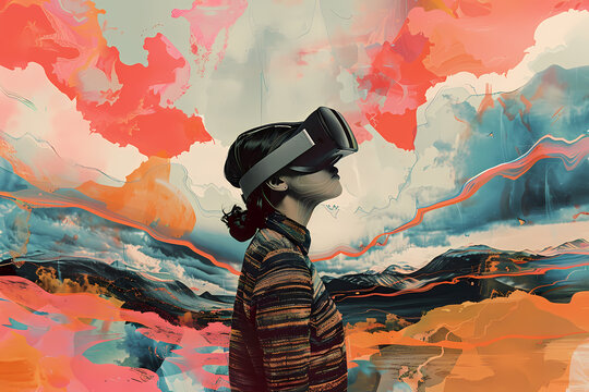 Mind Bending Realities. Illustration of a person wearing a VR headset surrounded by distorted and abstract landscapes.
