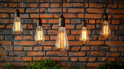Decorative antique edison style light bulbs against brick wall background. vintage lamp decorative
