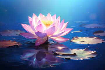 Shiny Pink Lotus Flower on Blue Background - Glowing Nenuphar Fairy Zen Garden - obrazy, fototapety, plakaty