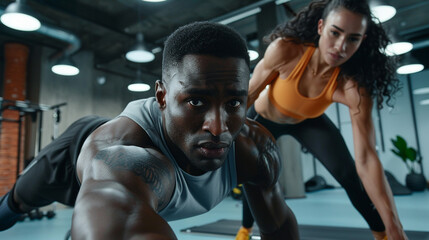 A man and a woman working out together in a modern gym setting