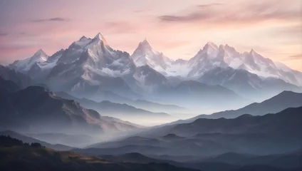 Foto op Aluminium A gently blurred mountain landscape at dusk, where the fading light mutes the colors and softens the outlines, evoking a sense of calm and majesty. generative AI © Zohaib
