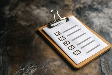 Clipboard with a checklist placed on a dark surface. Checklist, Task list, and to do list concept.