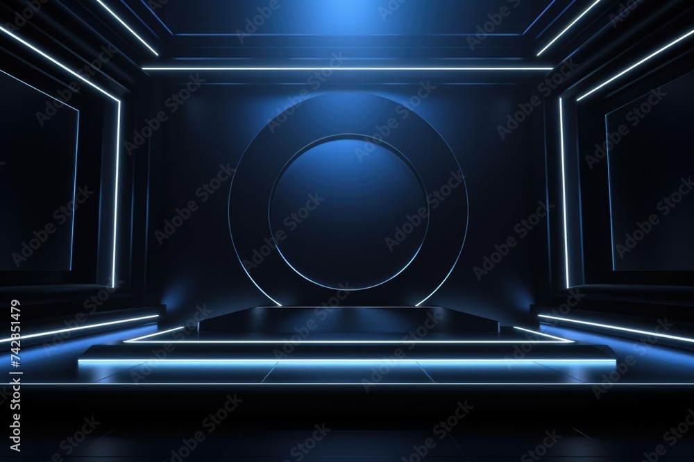 Poster stage design for event presentation. 3d render of blank screen system with technology elements.
