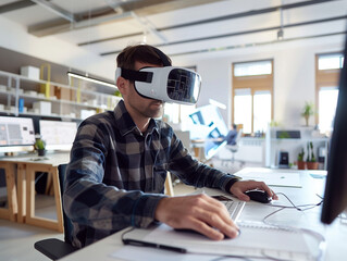 Obraz na płótnie Canvas professional using Vision Pro VR glasses for architectural design