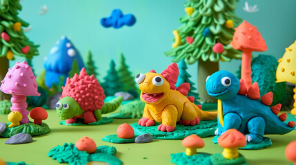 Create a whimsical scene featuring playful plasticine characters designed by a kid