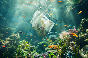 Design a whimsical underwater world showcasing a floating bag and paper surrounded by colorful marine life perfectly blending the realms of reality and fantasy