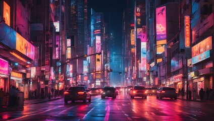 A vibrant, blurred cityscape at night, with neon lights and the movement of traffic creating a dynamic, abstract tapestry of urban life. generative AI
