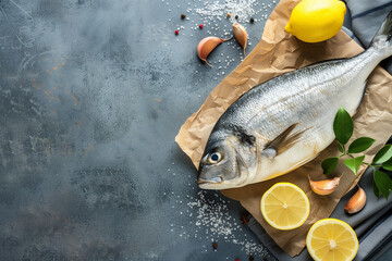 Top-view photo of raw fish with lemon and herbs, ideal for culinary themes.