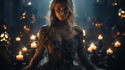 Woman Standing in Dark Forest Surrounded by Candles - obrazy, fototapety, plakaty