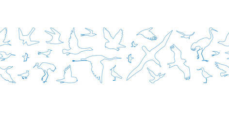 Birds. Vector blue outline silhouettes seamless border.