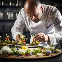 A chef garnishing a gourmet dish with herbs.