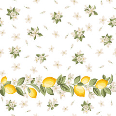 Lemon seamless pattern . Fruit, leaf and flowers. - 742854611