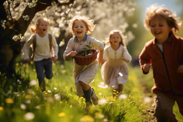 A joyful Easter egg hunt in a sun-drenched orchard, with children laughing and racing to find hidden treasures.