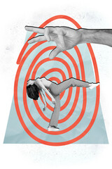 Vertical collage picture of big black white colors arm manipulate mini cheerful girl hypnosis mind...