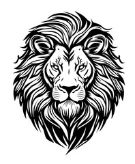 Lion head black and white drawing, ink sketch, tattoo, logo design. Leo zodiac sign, Horoscope symbol. Vector engraved styled monochrome illustration isolated on transparent background.