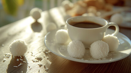 Fototapeta na wymiar Cup of coffee and coconut candies in the plate morning coffee dessert