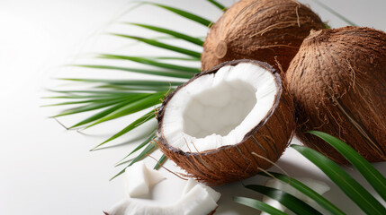 Fototapeta na wymiar Tropical whole and half coconuts with green palm leaves on white background