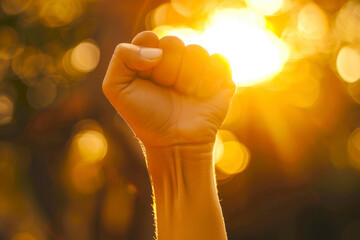 Peoples raised fist air fighting and sunlight effect, Competition, background space for text.