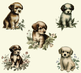 Vintage Botanical Puppy Vector Illustration