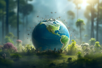 Obraz na płótnie Canvas Invest in our planet. World environment day. Green earth with plants in a healthy environment.
