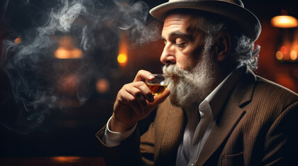 man drinks whiskey and smokes a cigar