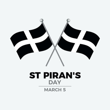 St Piran's Day poster with Cornwall flag vector illustration. Two crossed Saint Piran's flags on a pole icon. Flag of Cornwall symbol. Suitable for card, background, banner. March 5 every year