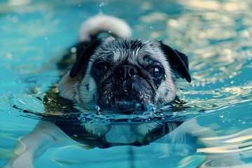 Adorable pug dog swimming in a pool, tongue out, enjoying the cool blue water on a sunny day. - obrazy, fototapety, plakaty