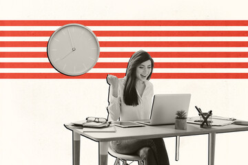 Collage picture of delighted black white colors girl use laptop raise fist accomplish office desk wall watch clock isolated on painted background