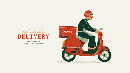 Pizza delivery. Man delivering pizza on a scooter. Retro style illustration.