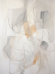 A painting featuring various white and grey geometric shapes arranged on a clean white background. The combination creates a modern and minimalist aesthetic.
