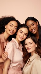 Obraz premium A group portrait of multiracial, multiethnic happy smiling young women looking at the camera on a beige background. Body positive, Natural Beauty, Skin Care concepts.