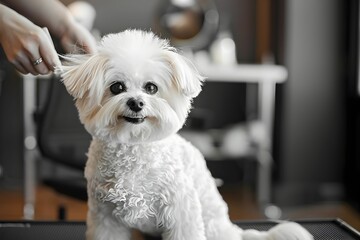 A white dog is attentively sitting while getting a precise haircut from a professional groomer.