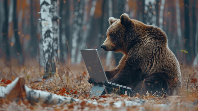 A bear in Russia using a computer to track Bitcoin showing the global spread of blockchain technology