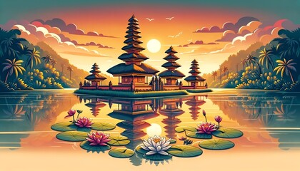 Illustration with a traditional balinese temple for nyepi day.